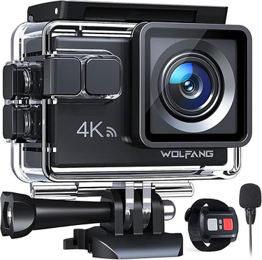 WOLFANG Cámara Deportiva GA100 4K 30FPS, Videocámara de Casco WiFi de 20MP con EIS Antivibración, Cámara Subacuática Buceo 40M con Micrófono Dual, Control Remoto, 2 Baterías, Varios Accesorios